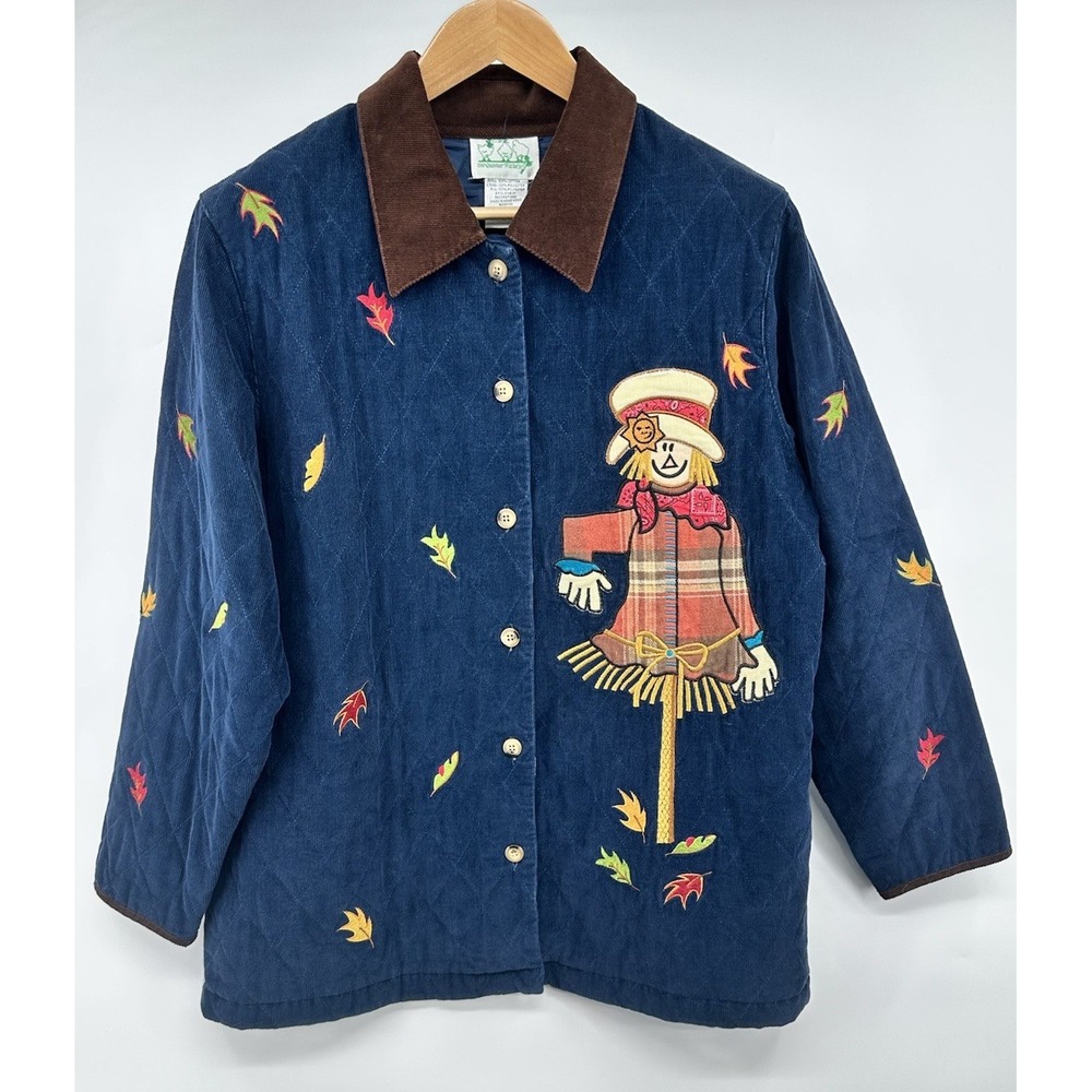 The Quacker Factory Jacket Women L Vintage Blue Scarecrow Fall Quilted Barn Coat